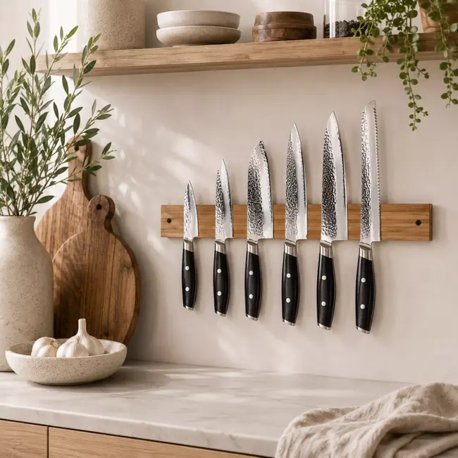 Yaxell Messenstrip van Bamboe 49,5 cm – Magnetisch en Duurzaam – Voor 8 Messen – Inclusief Bevestigingsmateriaal – Natuurlijke Look en Sterke Magneten