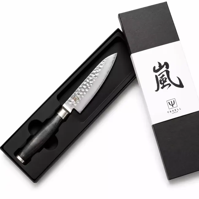 Yaxell Taishi Universeelmes 12 cm – VG-10 Staal – Hardheid 61 HRC – Tsuchime Afwerking – Gehamerd Lemmet – Zwart Pakka Beukenhout Handvat