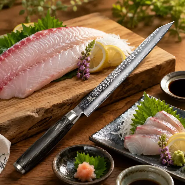 Yaxell Taishi Sashimi Fileermes 23 cm – VG-10 Staal – Hardheid 61 HRC – Tsuchime Afwerking – Gehamerd Lemmet – Zwart Pakka Beukenhout Handvat