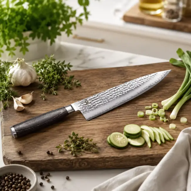 Yaxell Taishi Koksmes 24 cm – VG-10 Staal – Hardheid 61 HRC – Tsuchime Afwerking – Gehamerd Lemmet – Zwart Pakka Beukenhout Handvat