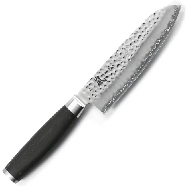 Yaxell Taishi Santoku Mes 16,5 cm – VG-10 Staal – Hardheid 61 HRC – Tsuchime Afwerking – Gehamerd Lemmet – Zwart Pakka Beukenhout Handvat