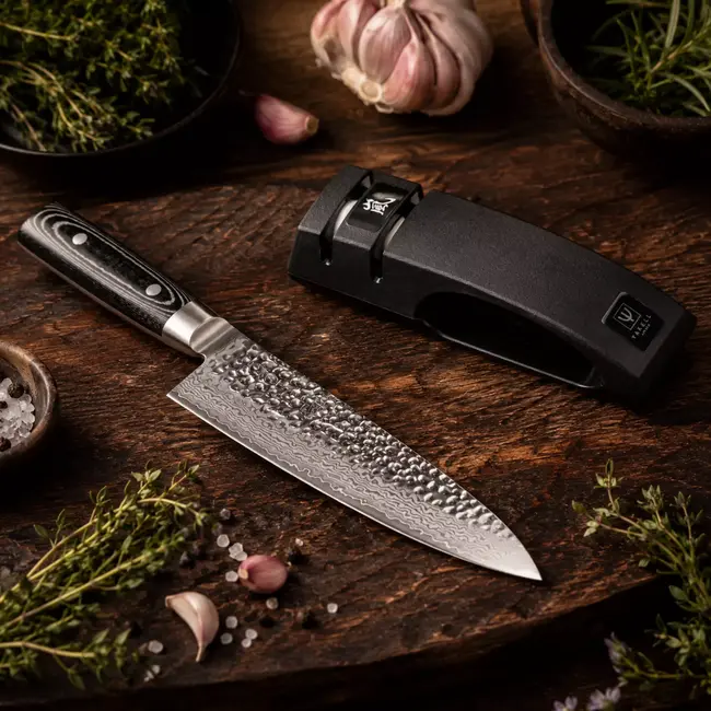 Yaxell Zen Geschenkset – 2-delig – Waterslijper en Koksmes 20 cm – 37 Lagen Damaststaal – Canvas-Micarta Heft