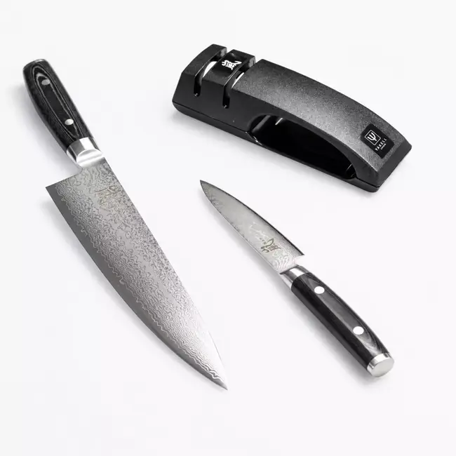 Yaxell Zen Geschenkset – 3-delig – Water Slijper met Koksmes 20 cm en Universeelmes 12 cm – 37 Lagen Damaststaal – Canvas-Micarta Heft