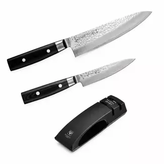 Yaxell Zen Geschenkset – 3-delig – Water Slijper met Koksmes 20 cm en Universeelmes 12 cm – 37 Lagen Damaststaal – Canvas-Micarta Heft