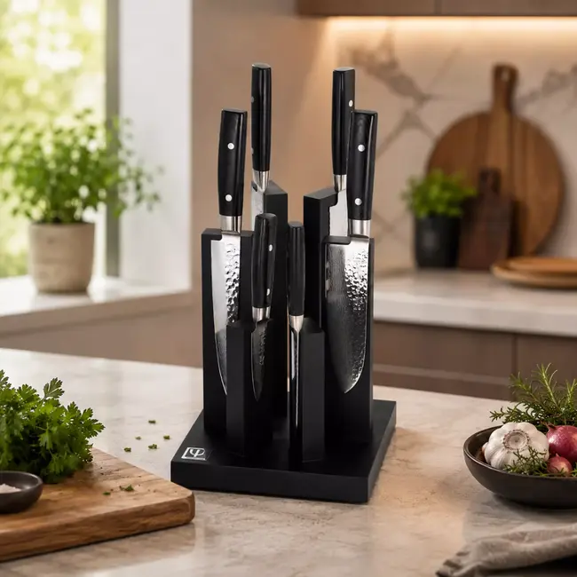 Yaxell Zen Messenset – 7-delig – Magnetisch 'Tower' Messenblok met 6 Messen – 37 Lagen Damaststaal – Canvas-Micarta Heft
