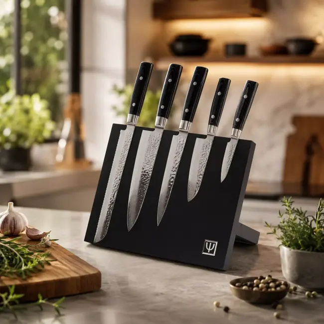 Yaxell Zen Messenset – 6-delig – Magnetisch Beukenhouten Messenblok met 5 Messen – 37 Lagen Damaststaal – Canvas-Micarta Heft