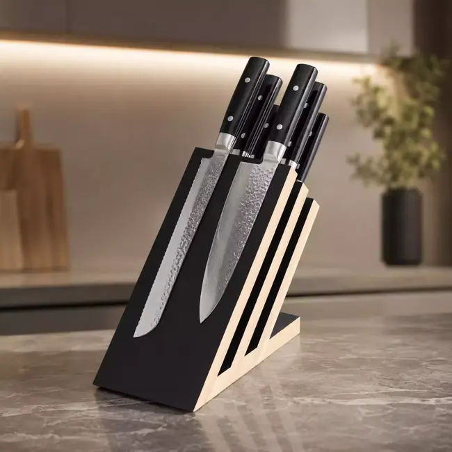 Yaxell Zen Messenset – 7-delig – Magnetisch Beukenhouten Messenblok met 6 Messen – 37 Lagen Damaststaal – Canvas-Micarta Heft