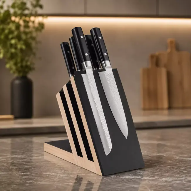 Yaxell Zen Messenset – 7-delig – Magnetisch Beukenhouten Messenblok met 6 Messen – 37 Lagen Damaststaal – Canvas-Micarta Heft