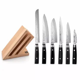 Yaxell Zen Messenset – 7-delig – Beukenhouten Messenblok met 6 Messen – 37 Lagen Damaststaal – Canvas-Micarta Heft