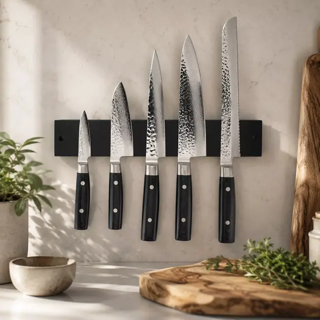 Yaxell Zen Messenset – 6-delig – Magnetische Messenstrip Bamboe Zwart met 5 Messen – 37 Lagen Damaststaal – Canvas-Micarta Heft