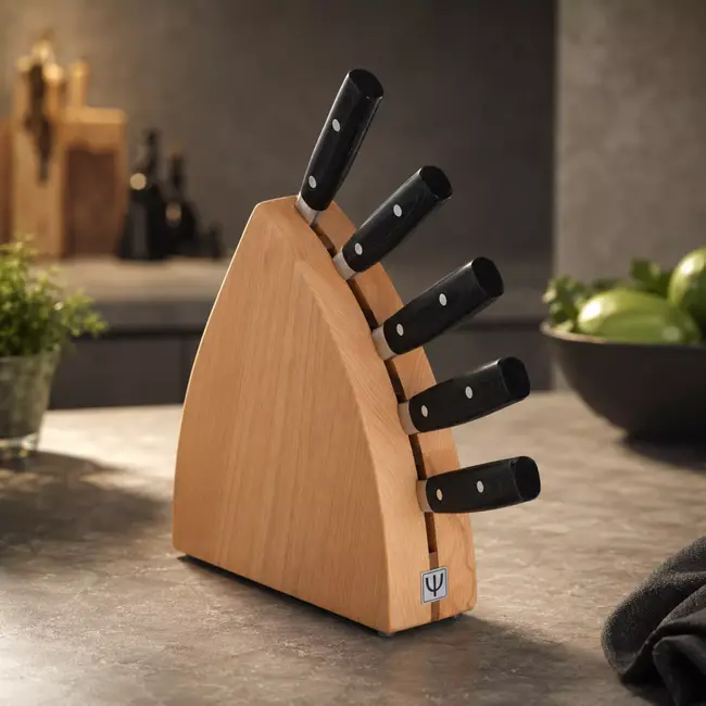 Yaxell Zen Messenset – 6-delig – Beukenhouten Messenblok met 5 Messen – 37 Lagen Damaststaal – Canvas-Micarta Heft