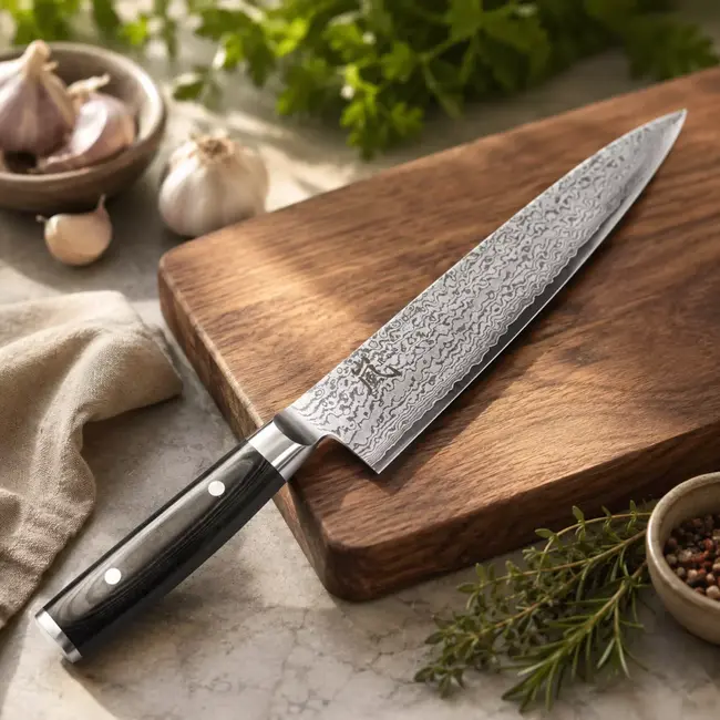 Yaxell Ran Koksmes 20 cm – 69 Lagen Damaststaal – VG10 Staal – 61 HRC – Canvas-Micarta Heft