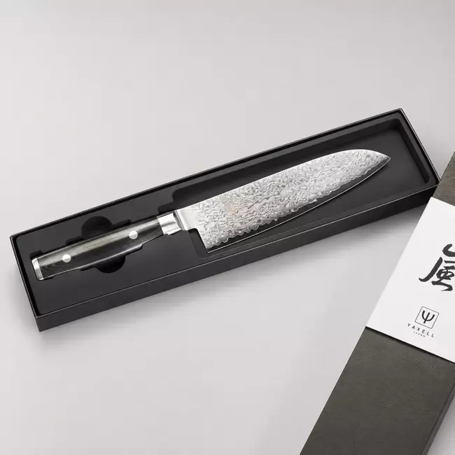 Yaxell Ran Santoku Koksmes 16,5 cm – 69 Lagen Damaststaal – VG10 Staal – 61 HRC – Canvas-Micarta Heft