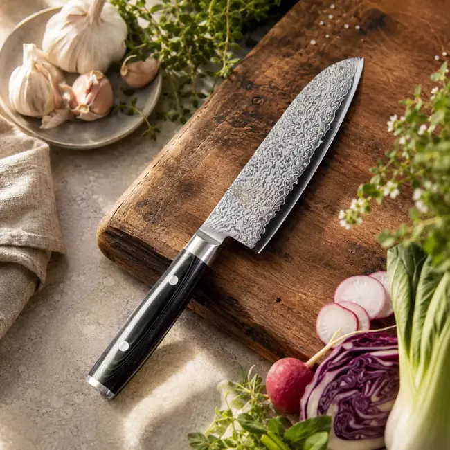 Yaxell Ran Santoku Koksmes 16,5 cm – 69 Lagen Damaststaal – VG10 Staal – 61 HRC – Canvas-Micarta Heft