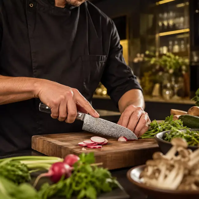 Yaxell Ran Santoku Koksmes 16,5 cm – 69 Lagen Damaststaal – VG10 Staal – 61 HRC – Canvas-Micarta Heft