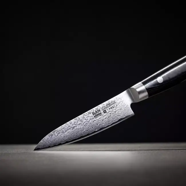 Yaxell Ran Universeelmes 12 cm – 69 Lagen Damaststaal – VG10 Staal – 61 HRC – Canvas-Micarta Heft