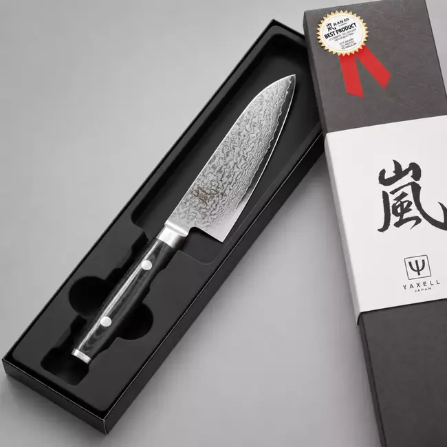 Yaxell Ran Santoku Koksmes 12,5 cm – 69 Lagen Damaststaal – VG10 Staal – 61 HRC – Canvas-Micarta Heft