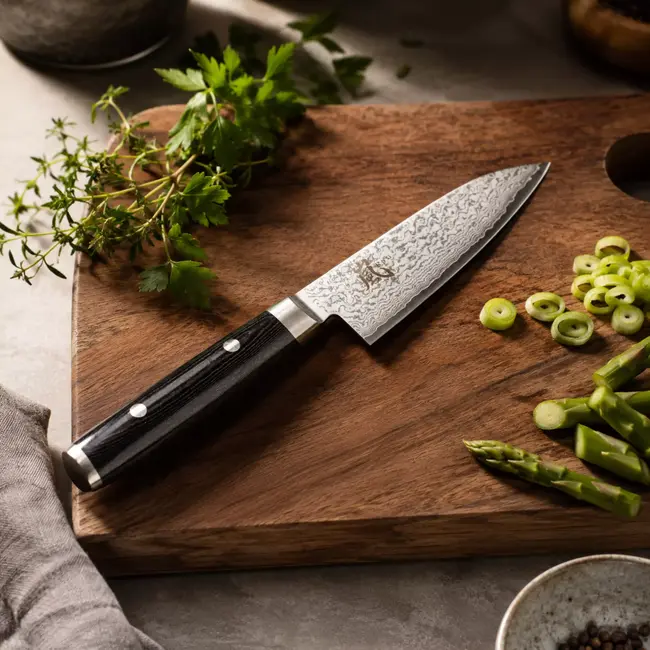 Yaxell Ran Santoku Koksmes 12,5 cm – 69 Lagen Damaststaal – VG10 Staal – 61 HRC – Canvas-Micarta Heft