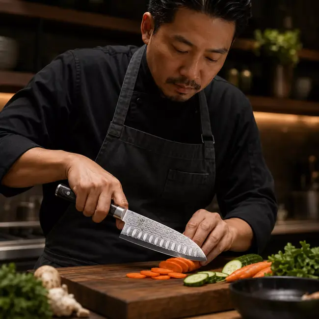 Yaxell Ran Santoku Koksmes 16,5cm met Kuiltjes – 69 Lagen Damaststaal – VG10 Staal – 61 HRC – Canvas-Micarta Heft