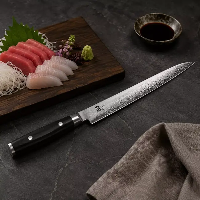 Yaxell Ran Sujihiki 25,5 cm – Sushimes / Fileermes – 69 Lagen Damaststaal – VG10 Staal – 61 HRC – Canvas-Micarta Heft