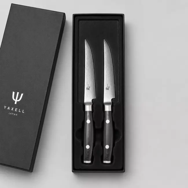 Yaxell Ran Steakmessenset – 2-delig – Giftset – 69 Lagen Damaststaal – VG10 Staal – 61 HRC – Canvas-Micarta Heft