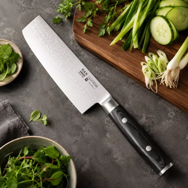 Yaxell Ran Nakiri Koksmes 16,5 cm – 69 Lagen Damaststaal – VG10 Staal – 61 HRC – Canvas-Micarta Heft