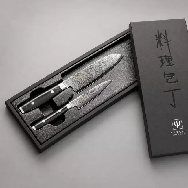 Yaxell Ran Messenset – Giftset – 2-delig – Santoku 16,5 cm & Universeelmes 12 cm – 69 Lagen Damaststaal – VG10 Staal – 61 HRC – Canvas-Micarta Heft