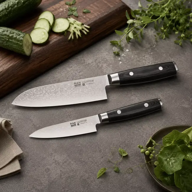 Yaxell Ran Messenset – Giftset – 2-delig – Santoku 16,5 cm & Universeelmes 12 cm – 69 Lagen Damaststaal – VG10 Staal – 61 HRC – Canvas-Micarta Heft