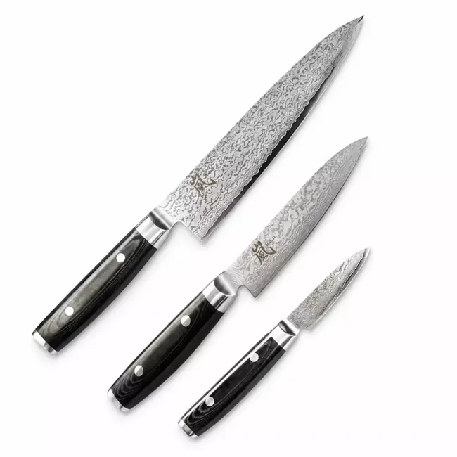 Yaxell Ran Messenset – Giftset – 3-delig – Koksmes 20 cm, Universeelmes 12 cm & Schilmes 8 cm – 69 Lagen Damaststaal – VG10 Staal – 61 HRC – Canvas-Micarta Heft