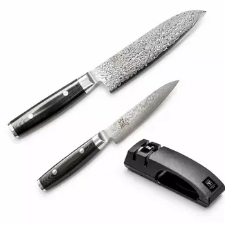 Yaxell Ran Messenset – Giftset – 3-delig – Messenlijper met Santoku Mes 16,5 cm en Universeelmes 12 cm - 69 Lagen Damaststaal – VG10 Staal – 61 HRC – Canvas-Micarta Heft