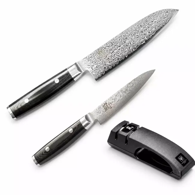 Yaxell Ran Messenset – Giftset – 3-delig – Messenlijper met Santoku Mes 16,5 cm en Universeelmes 12 cm - 69 Lagen Damaststaal – VG10 Staal – 61 HRC – Canvas-Micarta Heft