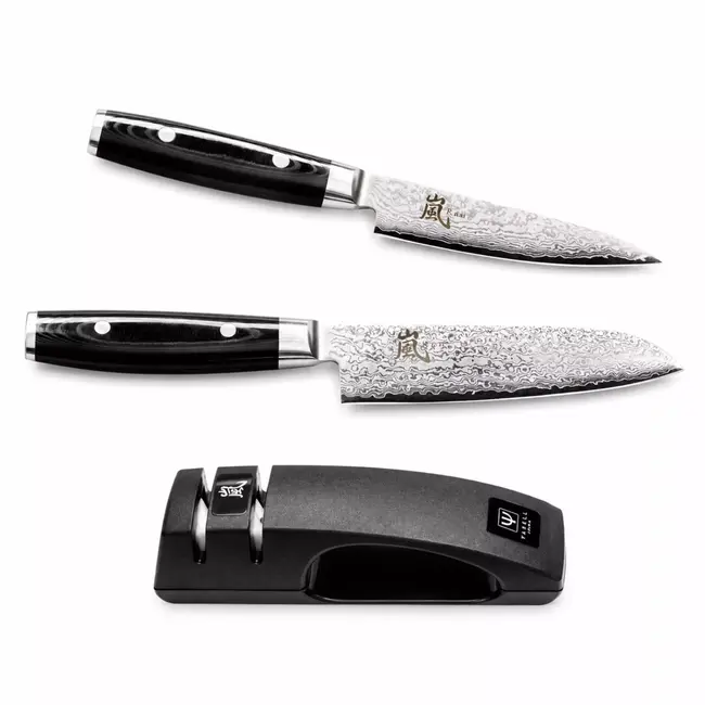 Yaxell Ran Messenset – Giftset – 3-delig – Messenlijper met Santoku Mes 16,5 cm en Universeelmes 12 cm - 69 Lagen Damaststaal – VG10 Staal – 61 HRC – Canvas-Micarta Heft