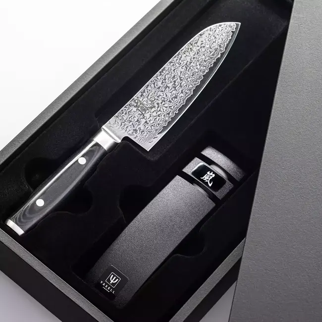 Yaxell Ran Messenset – Giftset – 2-delig – Santoku Mes 16,5 cm en Messenlijper – 69 Lagen Damaststaal – VG10 Staal – 61 HRC – Canvas-Micarta Heft