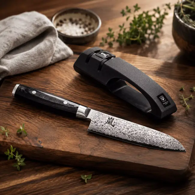 Yaxell Ran Messenset – Giftset – 2-delig – Santoku Mes 16,5 cm en Messenlijper – 69 Lagen Damaststaal – VG10 Staal – 61 HRC – Canvas-Micarta Heft