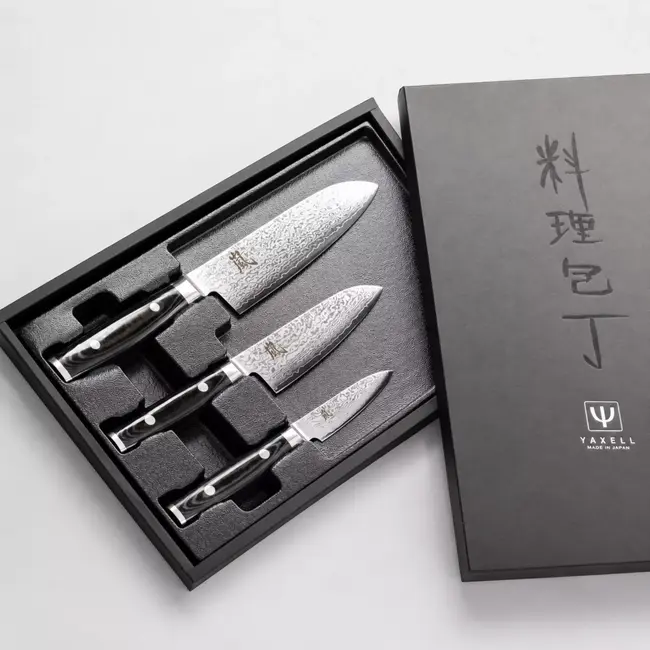 Yaxell Ran Messenset – Giftset – 3-delig – Santoku Mes 16,5 cm, Santoku Mes 12,5 cm en Schilmes 8 cm - 69 Lagen Damaststaal – VG10 Staal – 61 HRC – Canvas-Micarta Heft