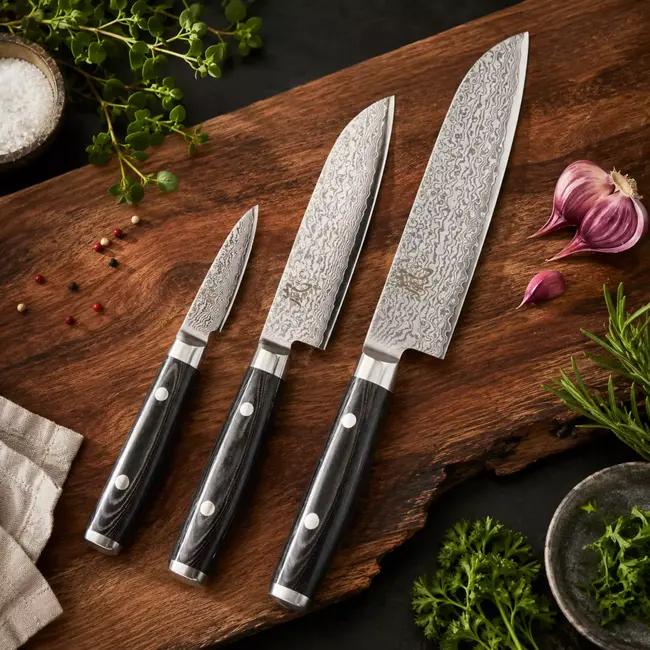 Yaxell Ran Messenset – Giftset – 3-delig – Santoku Mes 16,5 cm, Santoku Mes 12,5 cm en Schilmes 8 cm - 69 Lagen Damaststaal – VG10 Staal – 61 HRC – Canvas-Micarta Heft