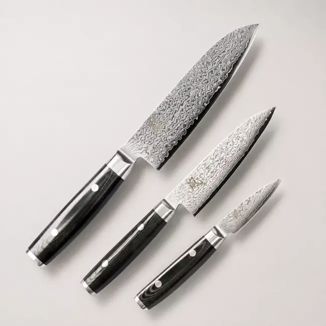 Yaxell Ran Messenset – Giftset – 3-delig – Santoku Mes 16,5 cm, Santoku Mes 12,5 cm en Schilmes 8 cm - 69 Lagen Damaststaal – VG10 Staal – 61 HRC – Canvas-Micarta Heft