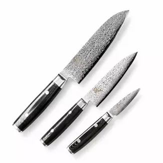 Yaxell Ran Messenset – Giftset – 3-delig – Santoku Mes 16,5 cm, Santoku Mes 12,5 cm en Schilmes 8 cm - 69 Lagen Damaststaal – VG10 Staal – 61 HRC – Canvas-Micarta Heft