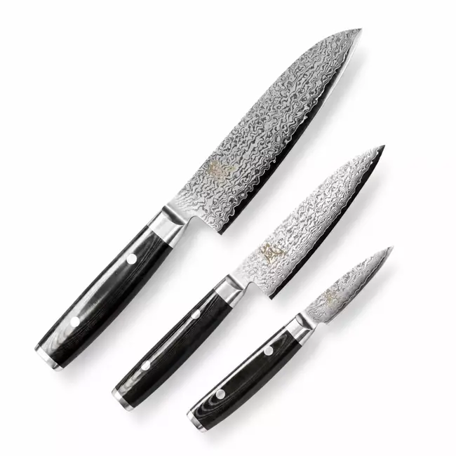 Yaxell Ran Messenset – Giftset – 3-delig – Santoku Mes 16,5 cm, Santoku Mes 12,5 cm en Schilmes 8 cm - 69 Lagen Damaststaal – VG10 Staal – 61 HRC – Canvas-Micarta Heft