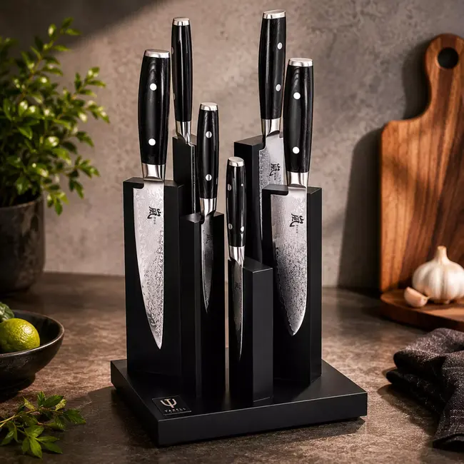 Yaxell Ran Messenset – 7-delig – Tower Magneetblok Beukenhout Zwart Gelakt met 6 Messen – 69 Lagen Damaststaal – Canvas-Micarta Heft