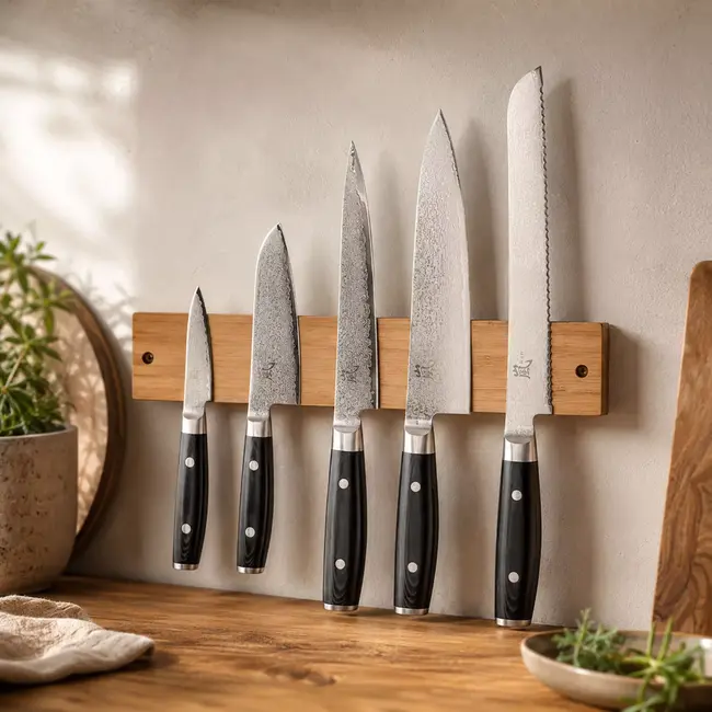 Yaxell Ran Messenset – 6-delig – Magnetische Messenhouder Bamboe met 5 Messen – 69 Lagen Damaststaal – VG10 Staal – 61 HRC – Canvas-Micarta Heft