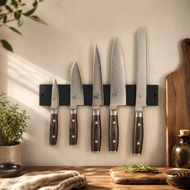 Yaxell Ran Messenset – 6-delig – Magnetische Zwarte Magneetstrip met 5 Messen – 69 Lagen Damaststaal – VG10 Staal – 61 HRC – Canvas-Micarta Heft