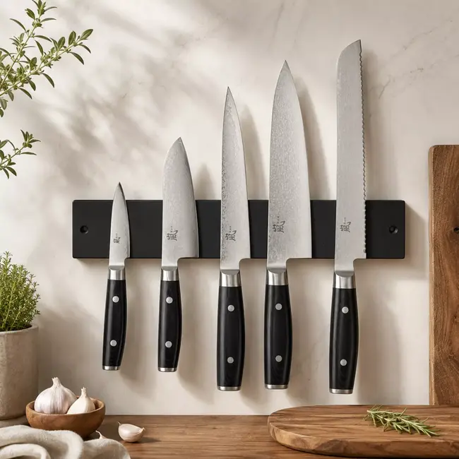 Yaxell Ran Messenset – 6-delig – Magnetische Zwarte Magneetstrip met 5 Messen – 69 Lagen Damaststaal – VG10 Staal – 61 HRC – Canvas-Micarta Heft