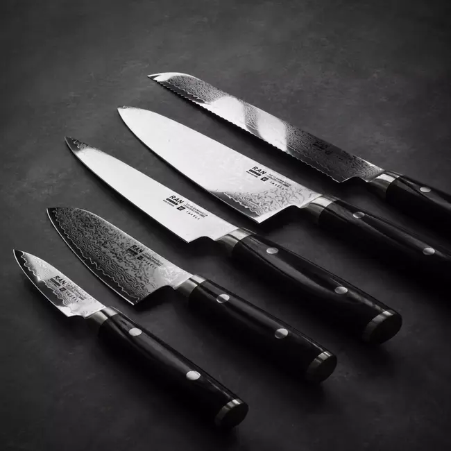 Yaxell Ran Messenset – 6-delig – Beukenhouten Messenblok met 5 Messen – 69 Lagen Damaststaal – VG10 Staal – 61 HRC – Canvas-Micarta Heft