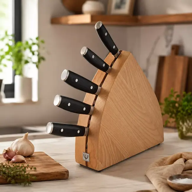 Yaxell Ran Messenset – 6-delig – Beukenhouten Messenblok met 5 Messen – 69 Lagen Damaststaal – VG10 Staal – 61 HRC – Canvas-Micarta Heft