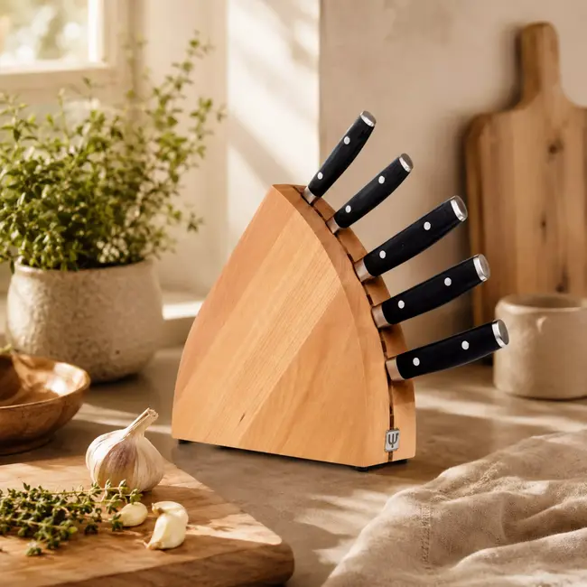 Yaxell Ran Messenset – 6-delig – Beukenhouten Messenblok met 5 Messen – 69 Lagen Damaststaal – VG10 Staal – 61 HRC – Canvas-Micarta Heft