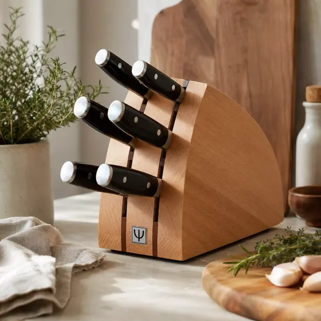 Yaxell Ran Messenset – 7-delig – Beukenhouten Messenblok met 6 Messen – 69 Lagen Damaststaal – VG10 Staal – 61 HRC – Canvas-Micarta Heft