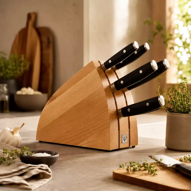 Yaxell Ran Messenset – 7-delig – Beukenhouten Messenblok met 6 Messen – 69 Lagen Damaststaal – VG10 Staal – 61 HRC – Canvas-Micarta Heft