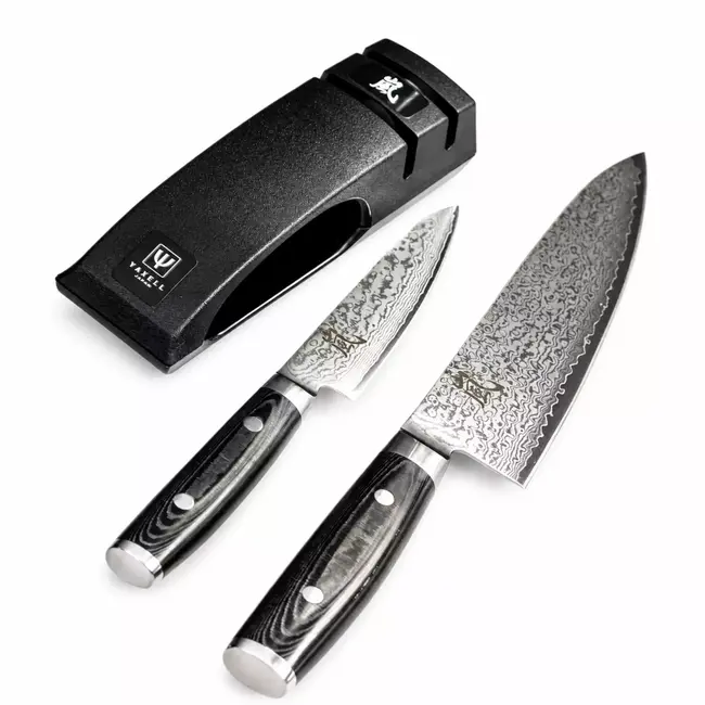 Yaxell Ran Messenset – Giftset – 3-delig – Messenslijper met Koksmes 20 cm en Universeelmes 12 cm – 69 Lagen Damaststaal – VG10 Staal – 61 HRC – Canvas-Micarta Heft