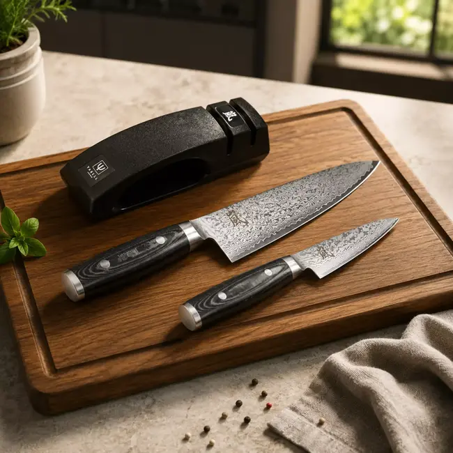 Yaxell Ran Messenset – Giftset – 3-delig – Messenslijper met Koksmes 20 cm en Universeelmes 12 cm – 69 Lagen Damaststaal – VG10 Staal – 61 HRC – Canvas-Micarta Heft